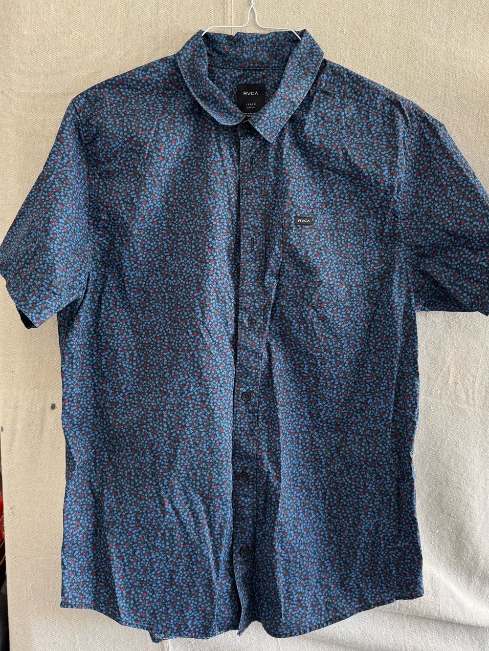 RVCA Navy Blue Short-Sleeve Button-Up with Tiny Red Floral Dots